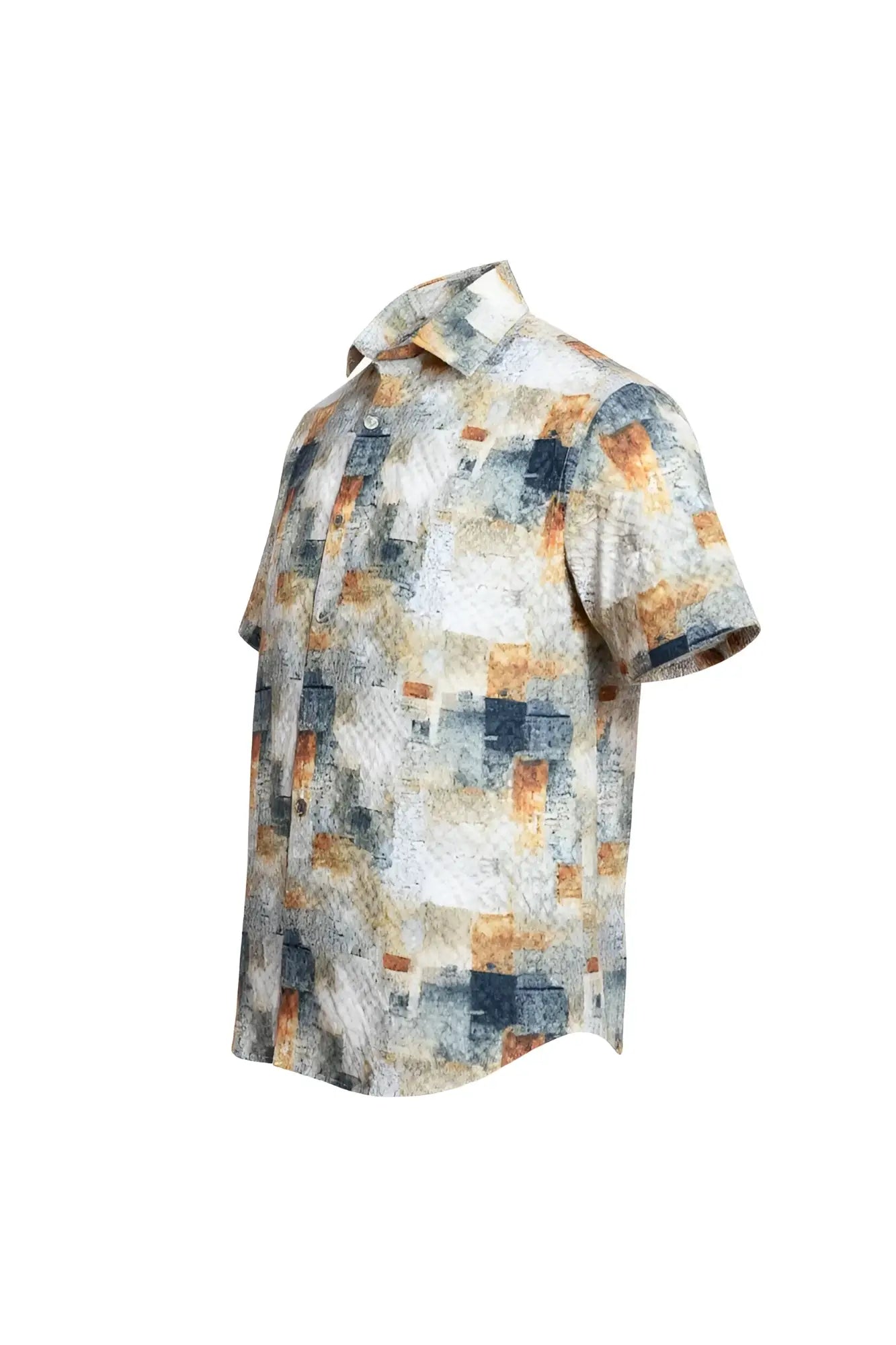 Suslo crinkled fabric s s shirt with short sleeves and abstract blocks of muted orange navy blue and beige