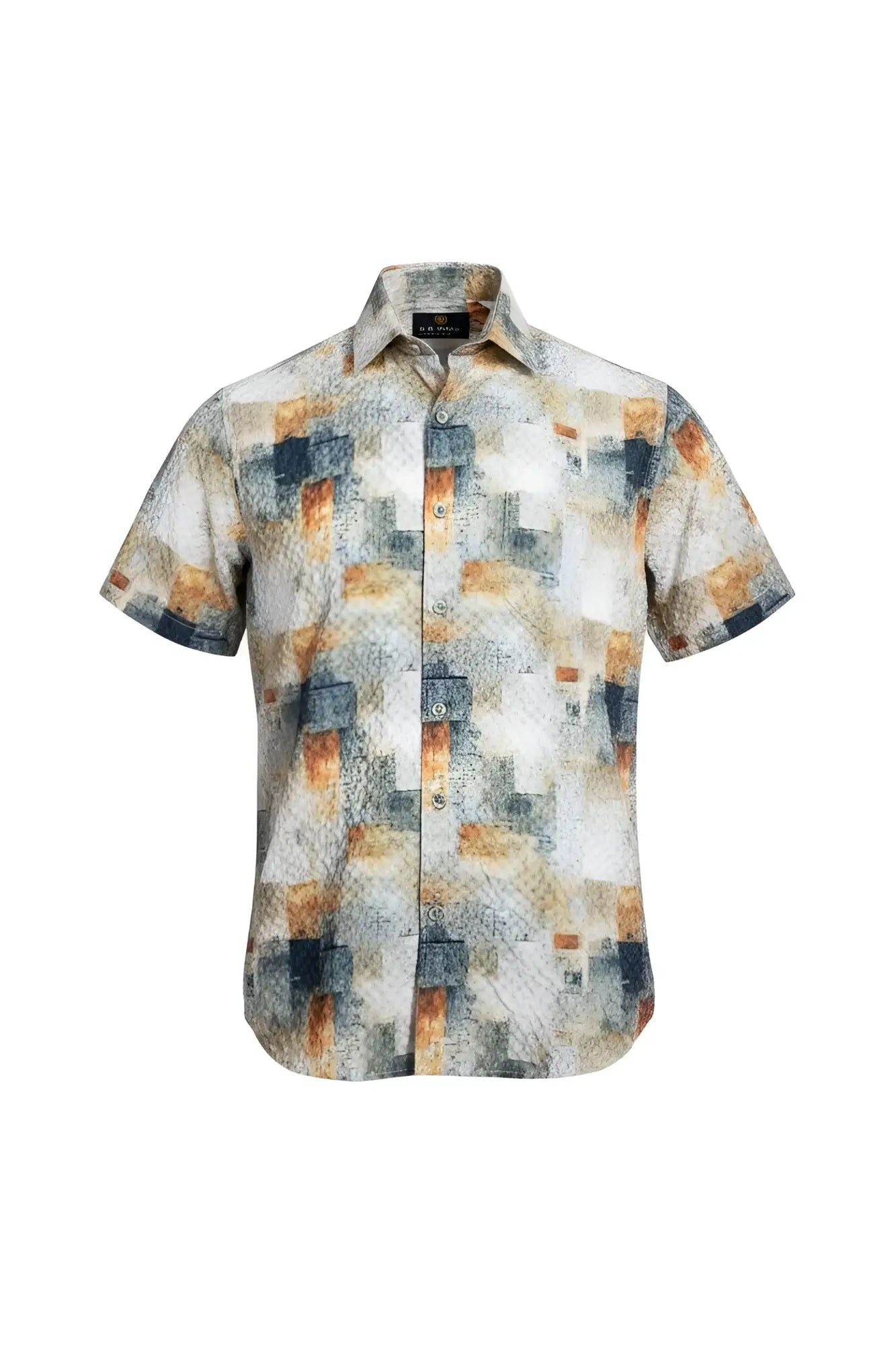 Suslo crinkled fabric s/s shirt with short sleeves and modern abstract pattern in beige blue and orange colors