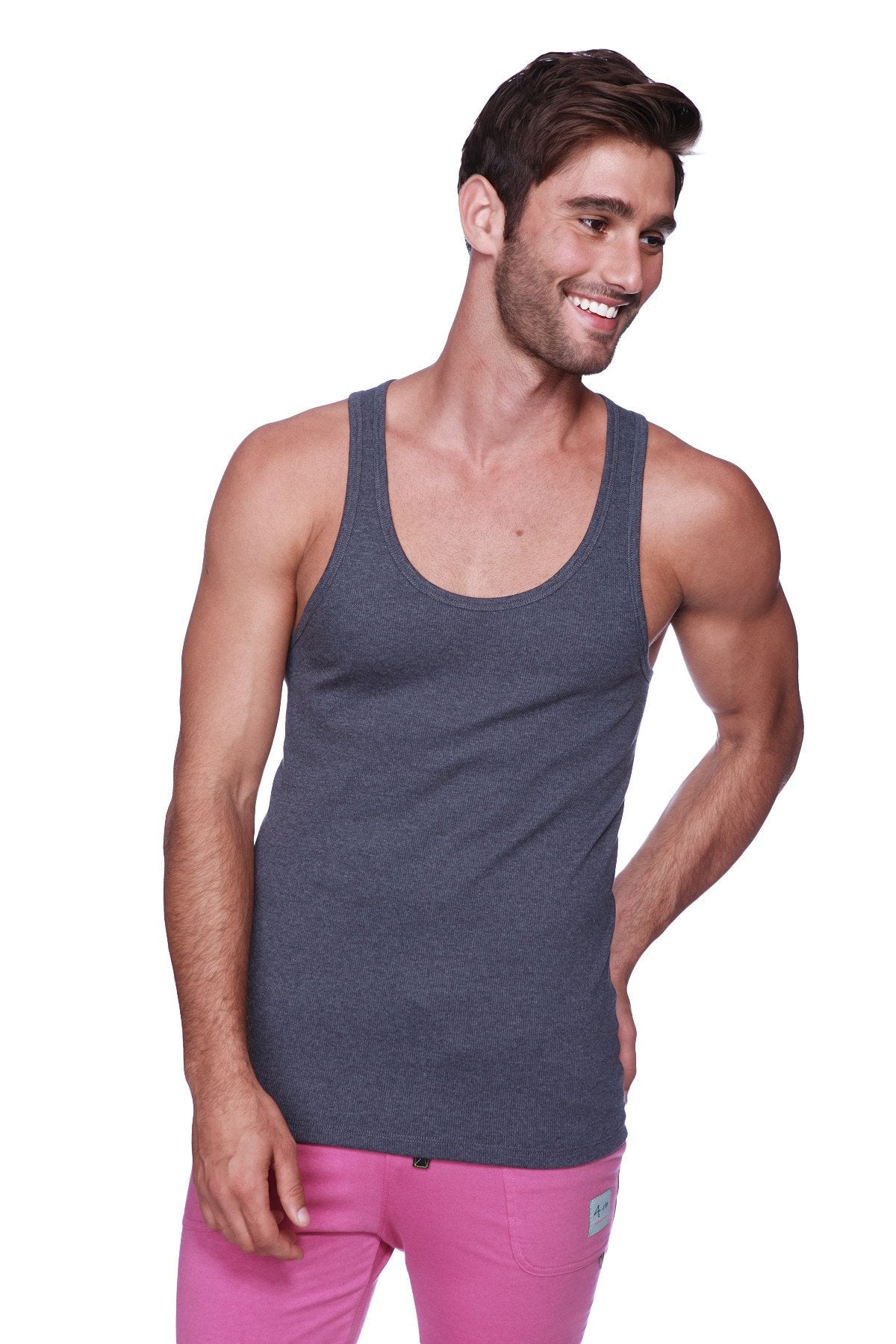 Dark gray heathered sustain tank charcoal with classic scoop neckline and straight hem for casual wear
