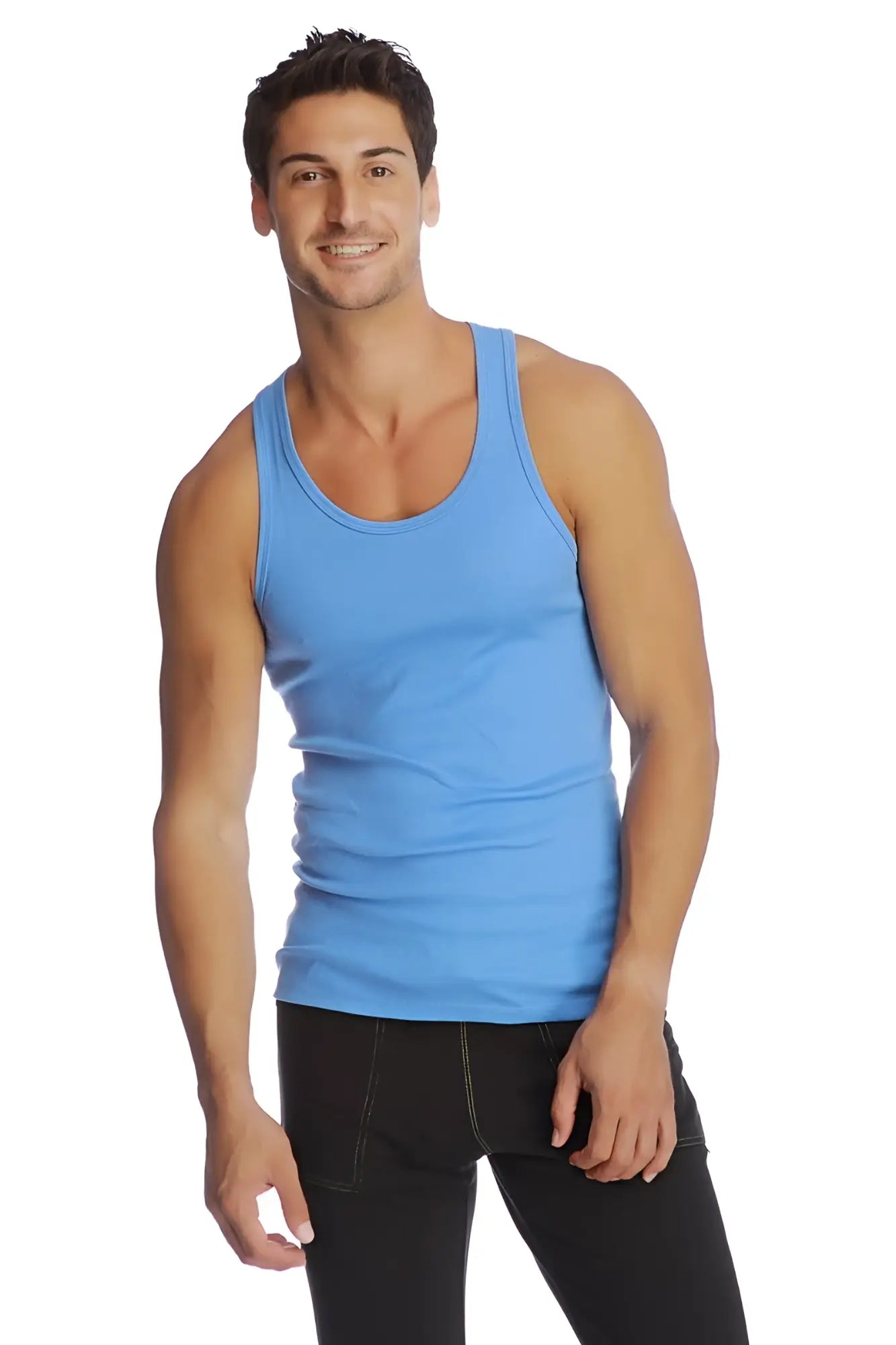 A light blue sustain tank with a fitted sleeveless design and rounded neckline ideal for active wear
