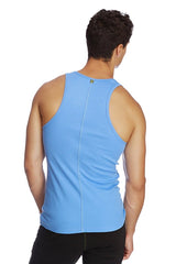 Light blue form-fitting athletic sustain tank with central seam and small logo at neckline for activewear