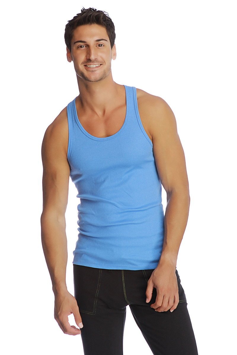 A light blue sustain tank with a fitted sleeveless design and rounded neckline ideal for active wear
