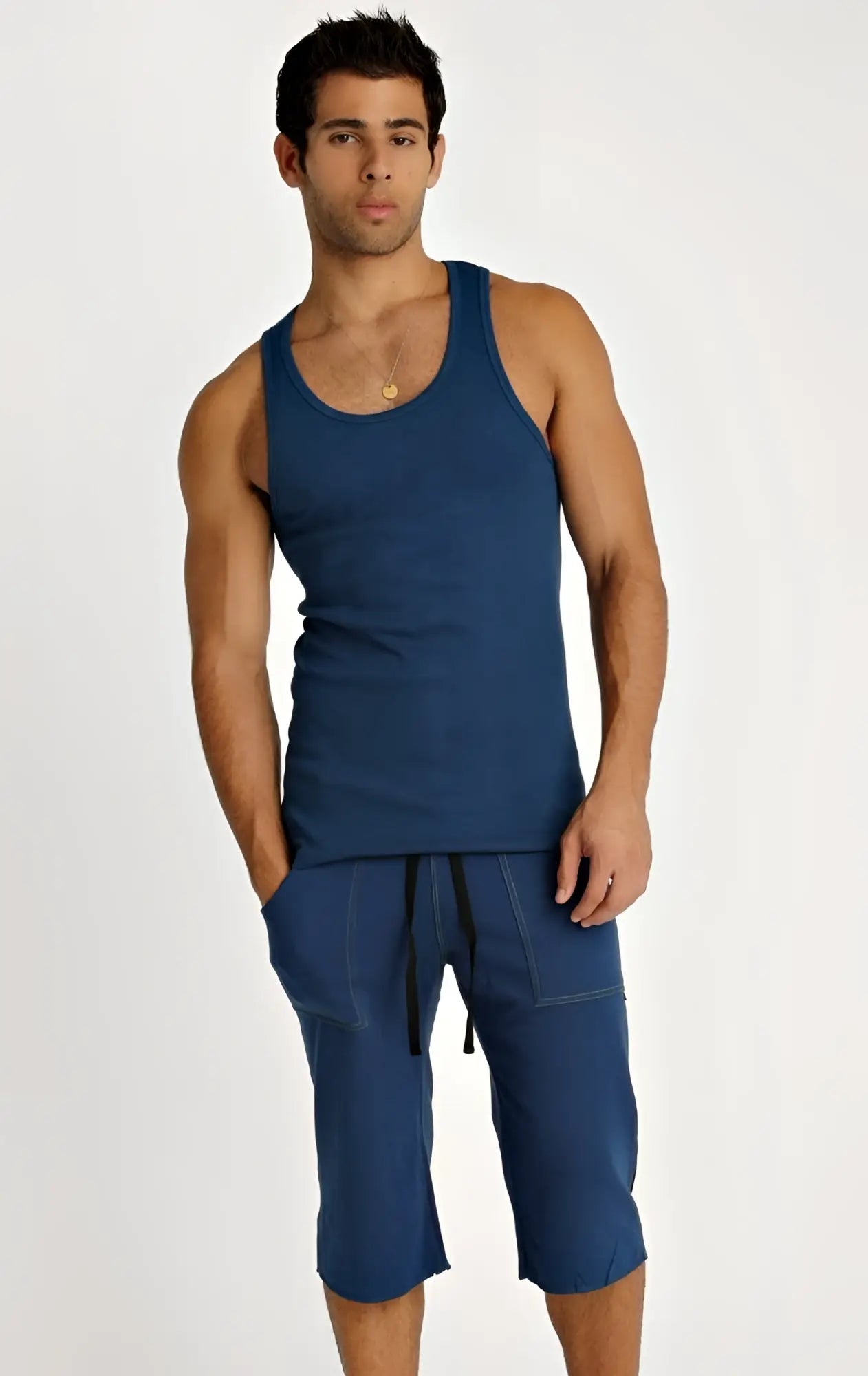 Men’s navy blue sustain tank sleeveless top with rounded neckline and matching capri shorts for active wear