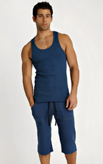 Men’s navy blue sustain tank sleeveless top with rounded neckline and matching capri shorts for active wear