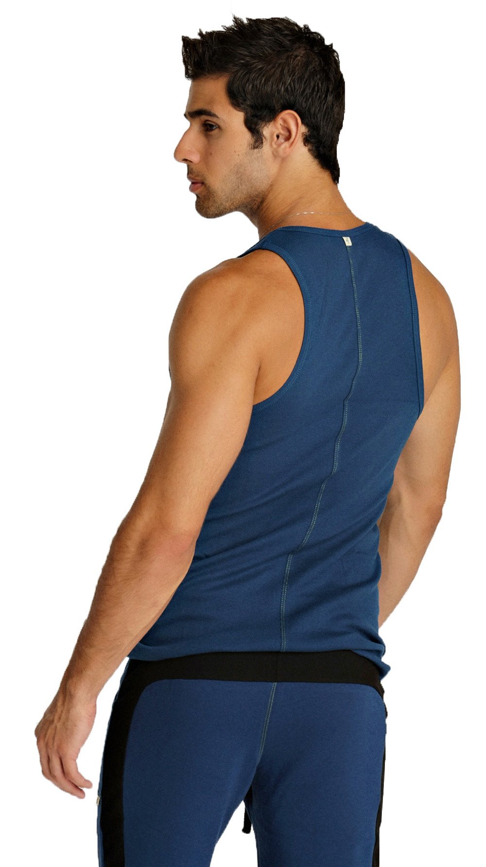 Blue sustain tank athletic top with black waistband and subtle vertical seam detailing for activewear use