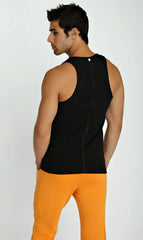 Black sleeveless athletic sustain tank top showing the back with a central zipper for easy ventilation and style