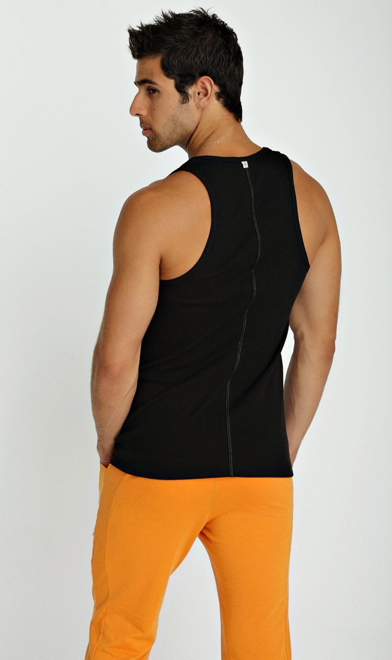 Black sleeveless athletic sustain tank top showing the back with a central zipper for easy ventilation and style
