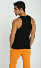 Black sleeveless athletic sustain tank top showing the back with a central zipper for easy ventilation and style