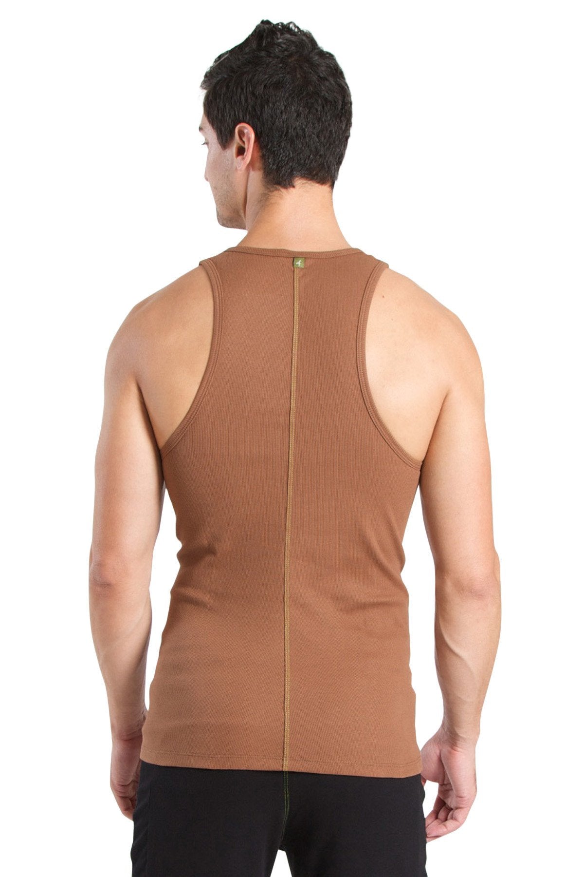 Back view of a tan ribbed cotton sustain tank top with a central zipper for easy wear and comfort