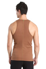 Back view of a tan ribbed cotton sustain tank top with a central zipper for easy wear and comfort