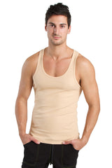 Beige cotton sustain tank top with scoop neckline and thin straps in sand beige color