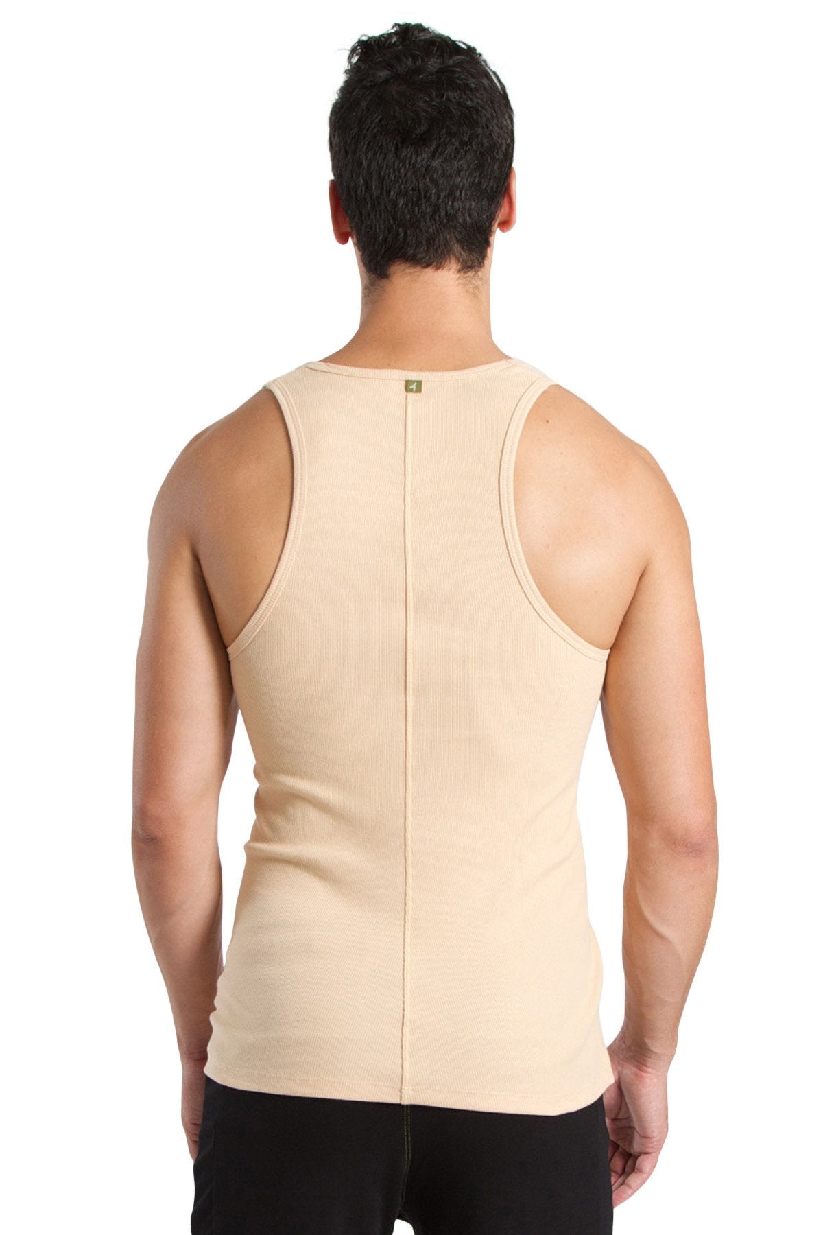 Beige stretchy men’s sustain tank top showing the back with a central seam down the middle