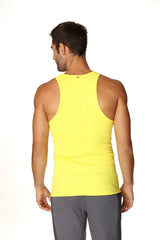 Bright yellow sleeveless athletic tank top made from sustainable fabric designed for active wear in tropic yellow