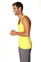 Bright yellow sleeveless sustain tank top with rounded neckline and fitted cut in tropic yellow color
