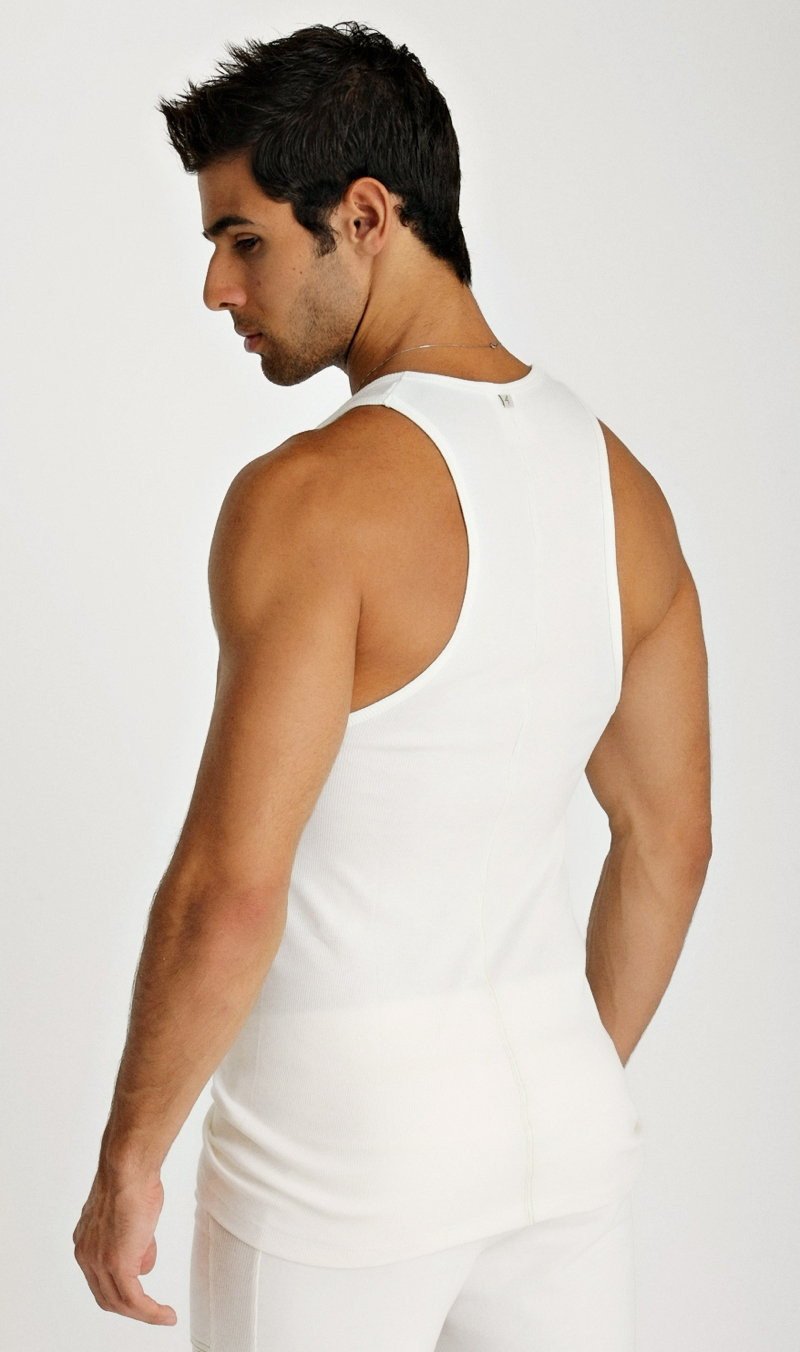 White sleeveless athletic tank top with a simple fitted design for sustainable activewear use
