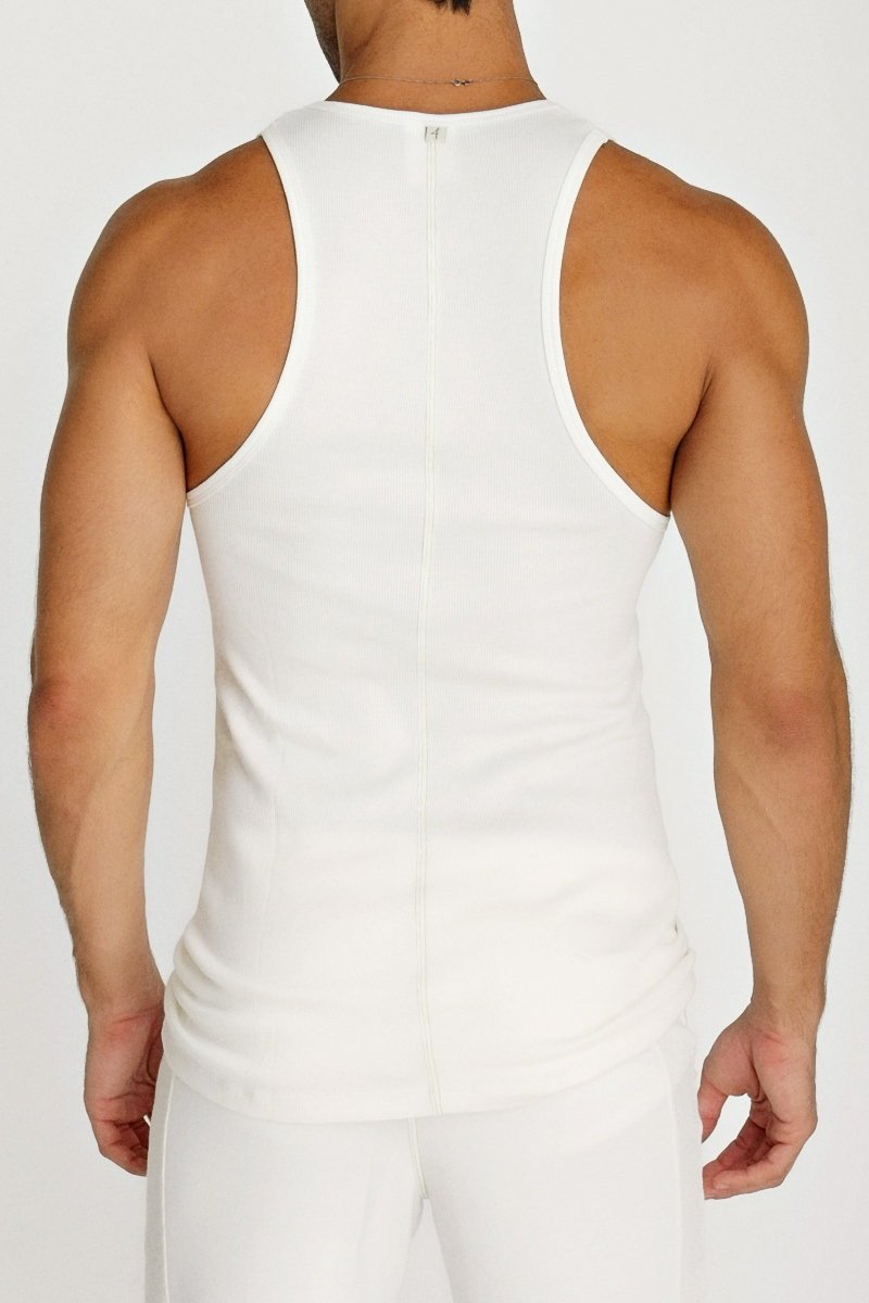 White sleeveless sustain tank top with fitted design and central back zipper for athletic use