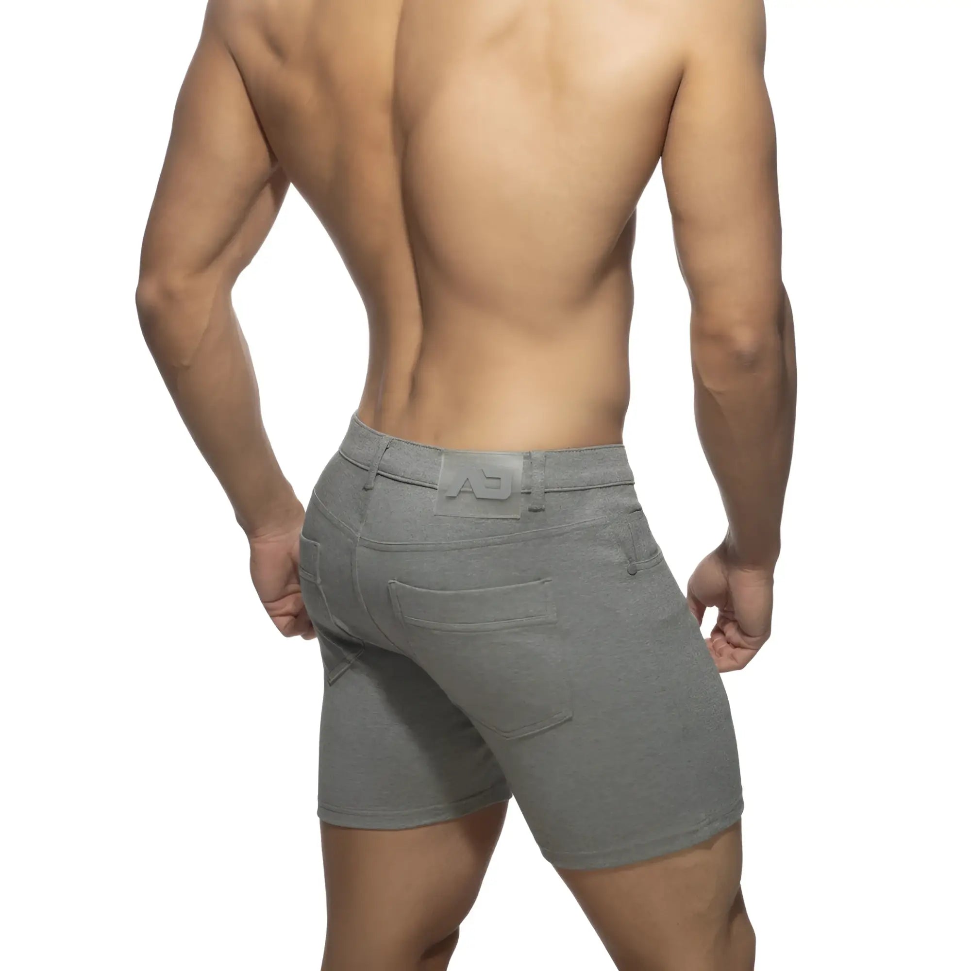 Svelte shorts gray heathered denim shorts with subtle embossed logo on waistband shown from the back side