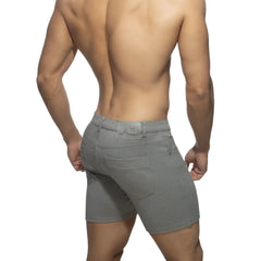 Svelte shorts gray heathered denim shorts with subtle embossed logo on waistband shown from the back side