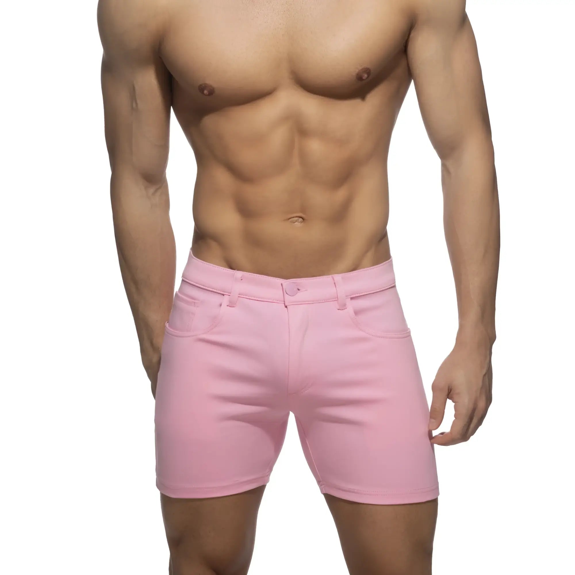 Pink denim svelte shorts with classic five-pocket design and button closure perfect for casual wear