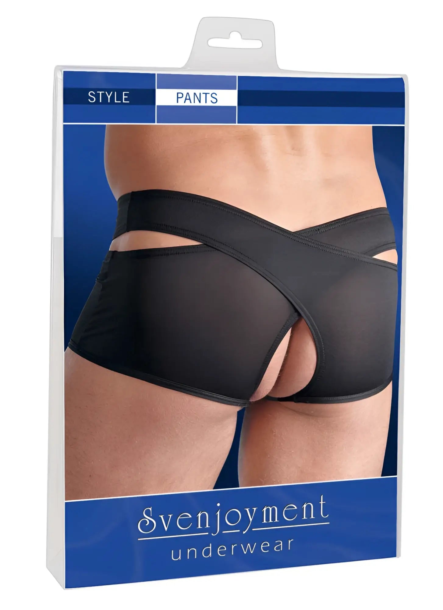Black sheer mesh Svenjoyment boxer briefs with crisscross design and side cutouts in size large