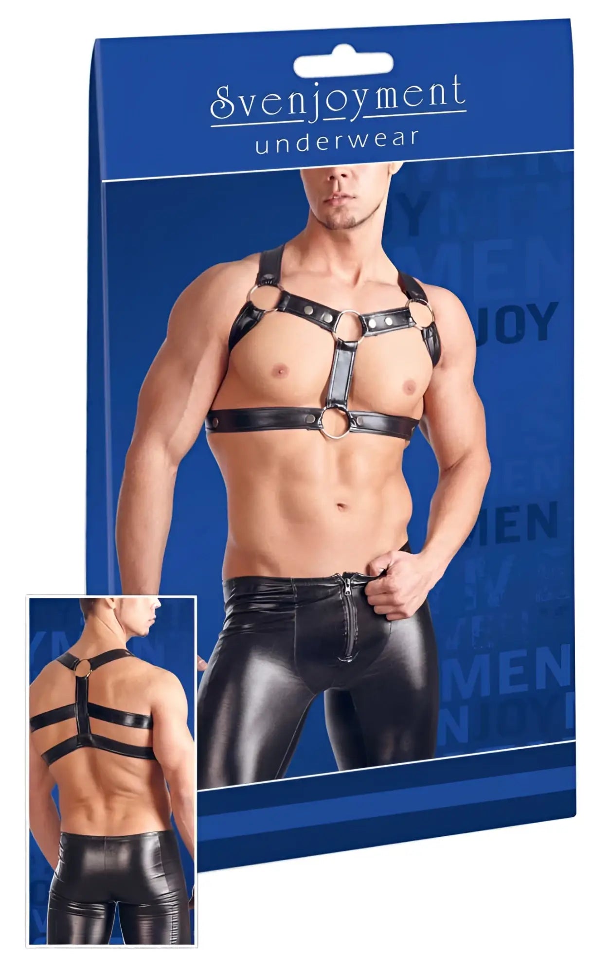 Black leather multi ring adjustable chest harness and matching pants set by svenjoyment size l/xl front view
