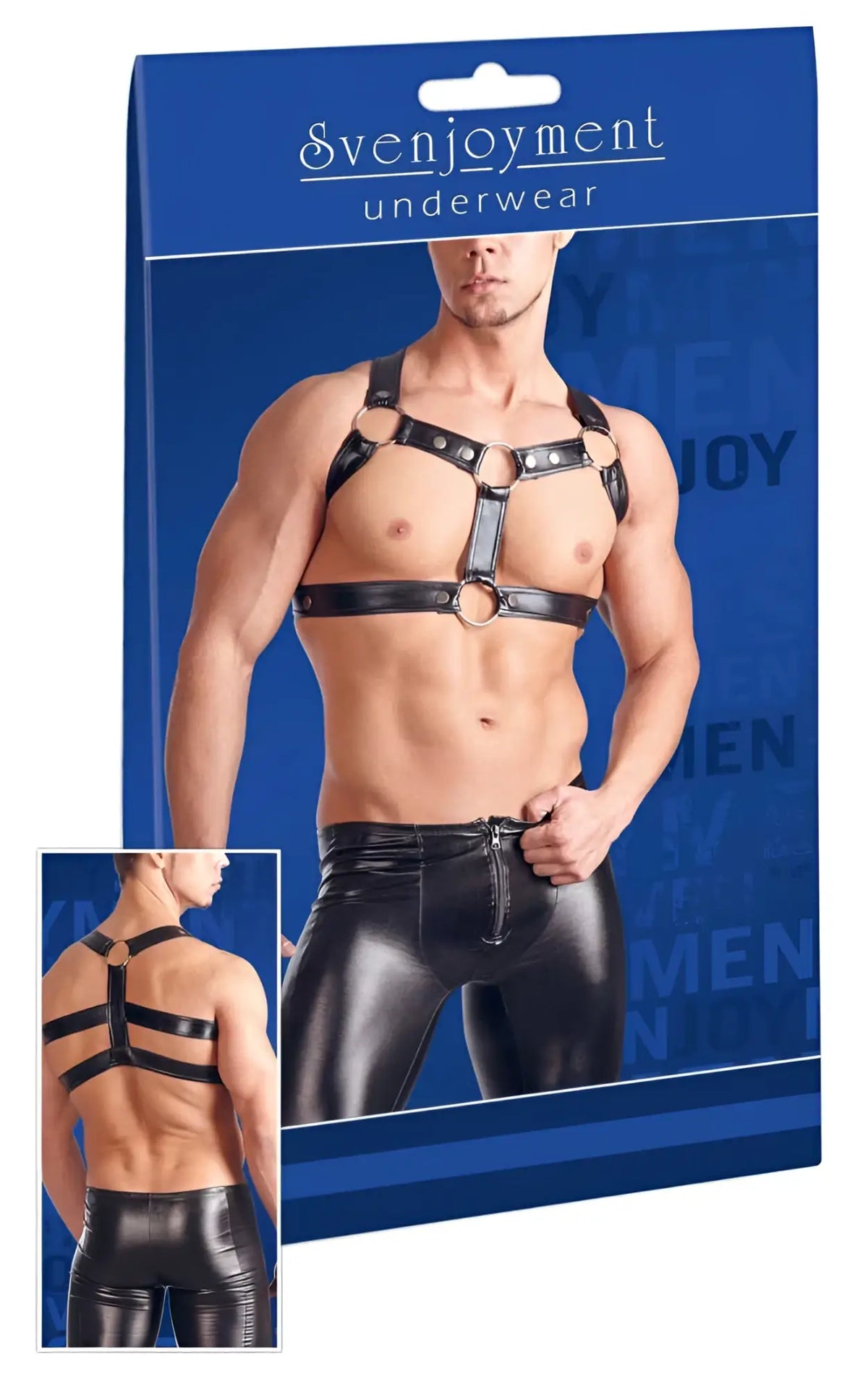 Black leather multi ring adjustable chest harness and matching pants set by svenjoyment size l/xl front view