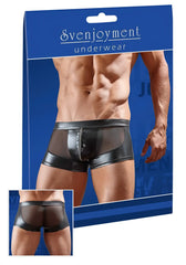 Black patent leather men’s briefs with mesh side panels from Svenjoyment featuring a wetlook zipper in size M
