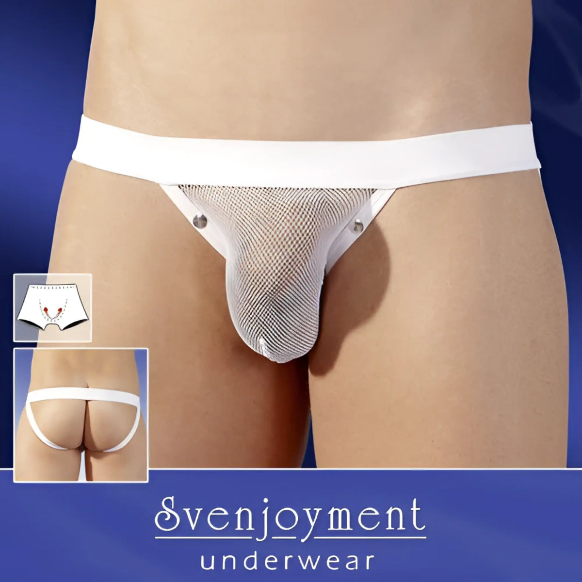 White svenjoyment rivets uplift net jock strap underwear with mesh thong, solid waistband, and silver snap buttons size l