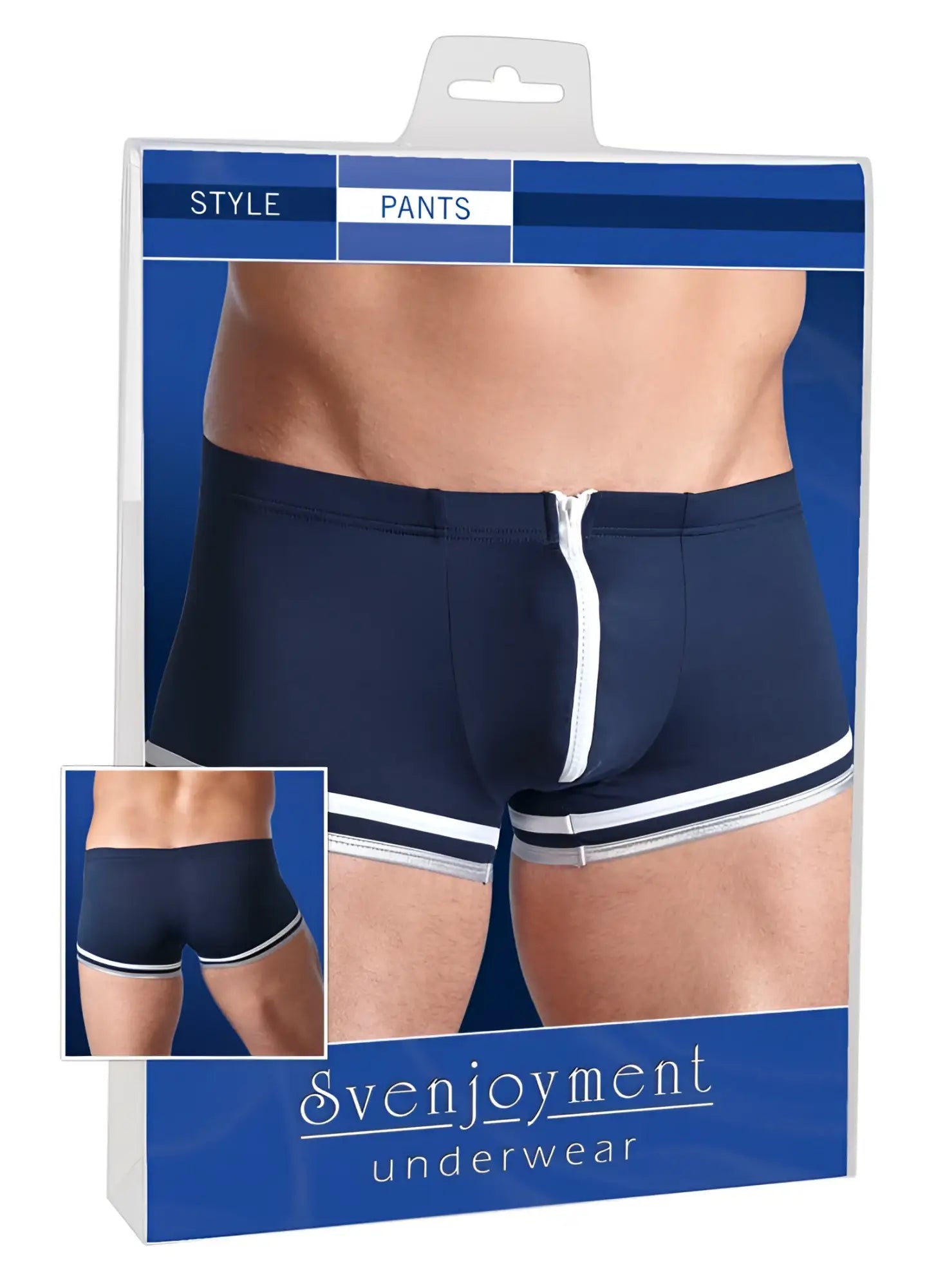Navy blue svenjoyment sailor zipper boxer briefs with white zipper and striped trim in size M packaging box