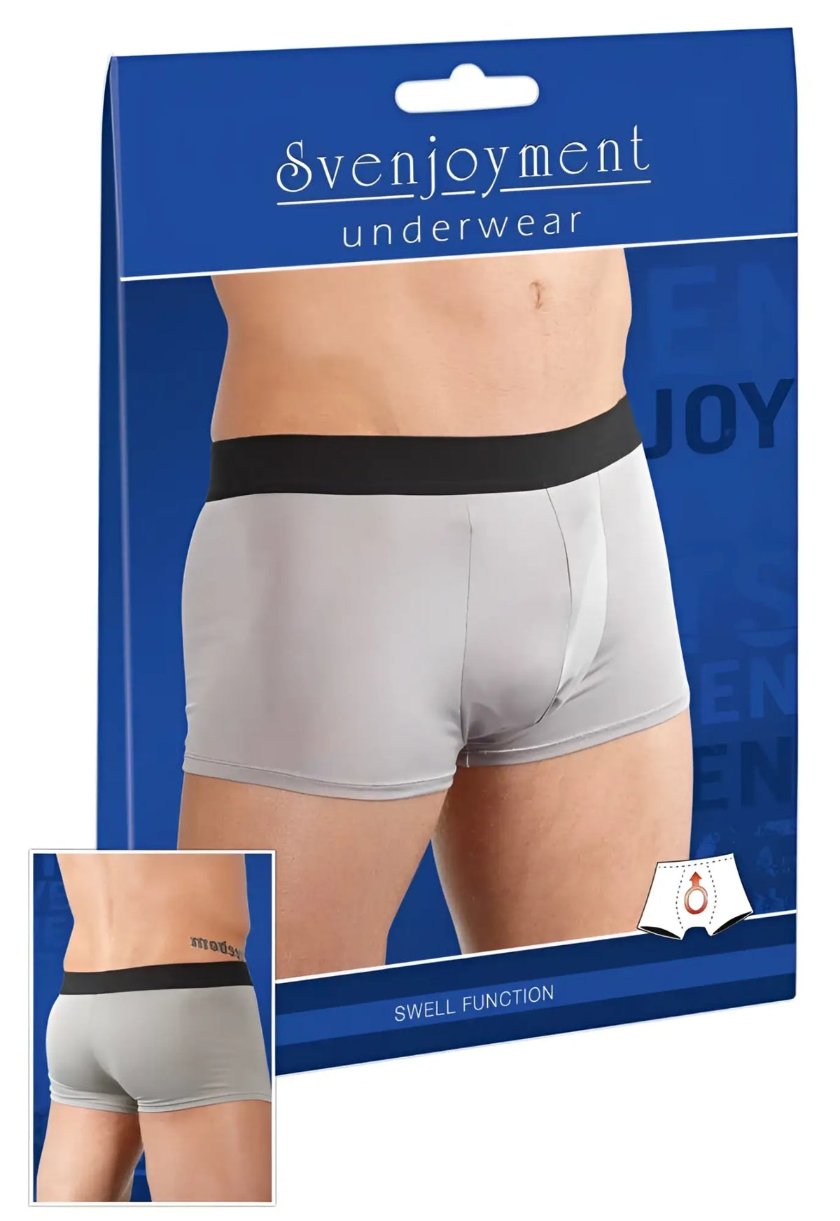 Gray svenjoyment swell microfibre boxer briefs with black elastic waistband in size medium front view