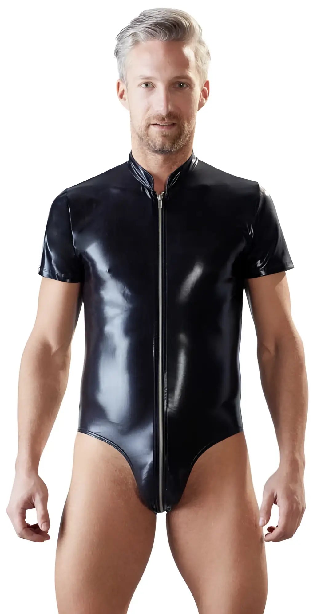 Black glossy latex bodysuit with short sleeves and full-length front zipper by Svenjoyment in size XL