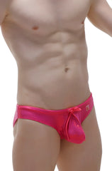 Vibrant pink shiny mesh swim bikini gloss trunks with tied bow at waistband for stylish swimwear look