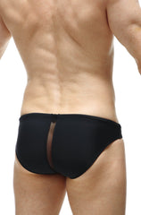 Back view of petitq swim bikini tarcu black swim trunks with sheer mesh panel for stylish beachwear