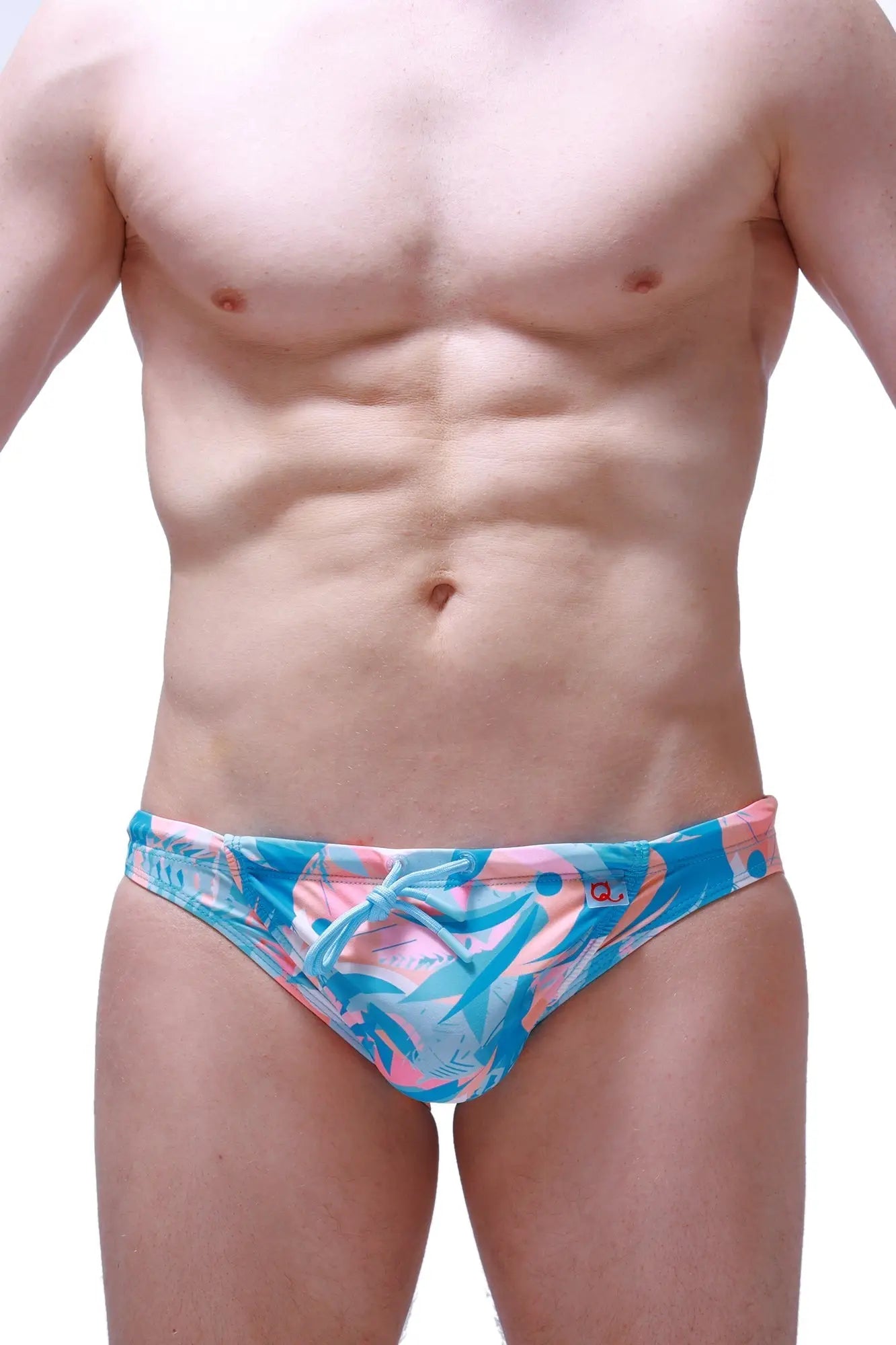 Swim bikini taik boucan vibrant blue and pink tropical leaf patterned swim trunks with tied waistband