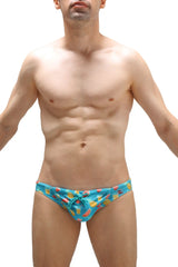 Bright turquoise swim bikini taik punta swim trunks with playful watermelon slices ice cream and summer graphics pattern