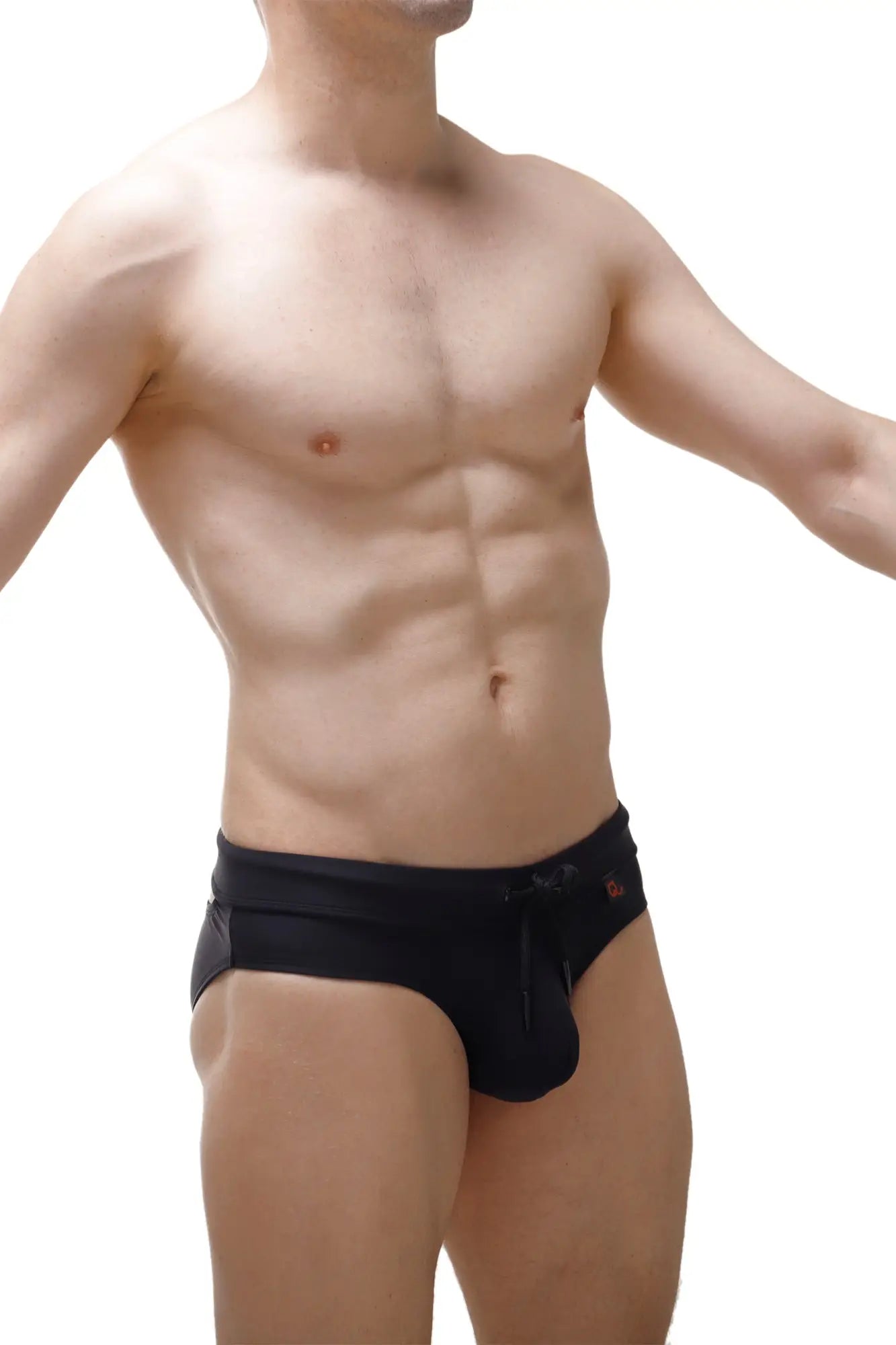 Black swim brief mimet recycled with drawstring waistband and a small red logo on the side