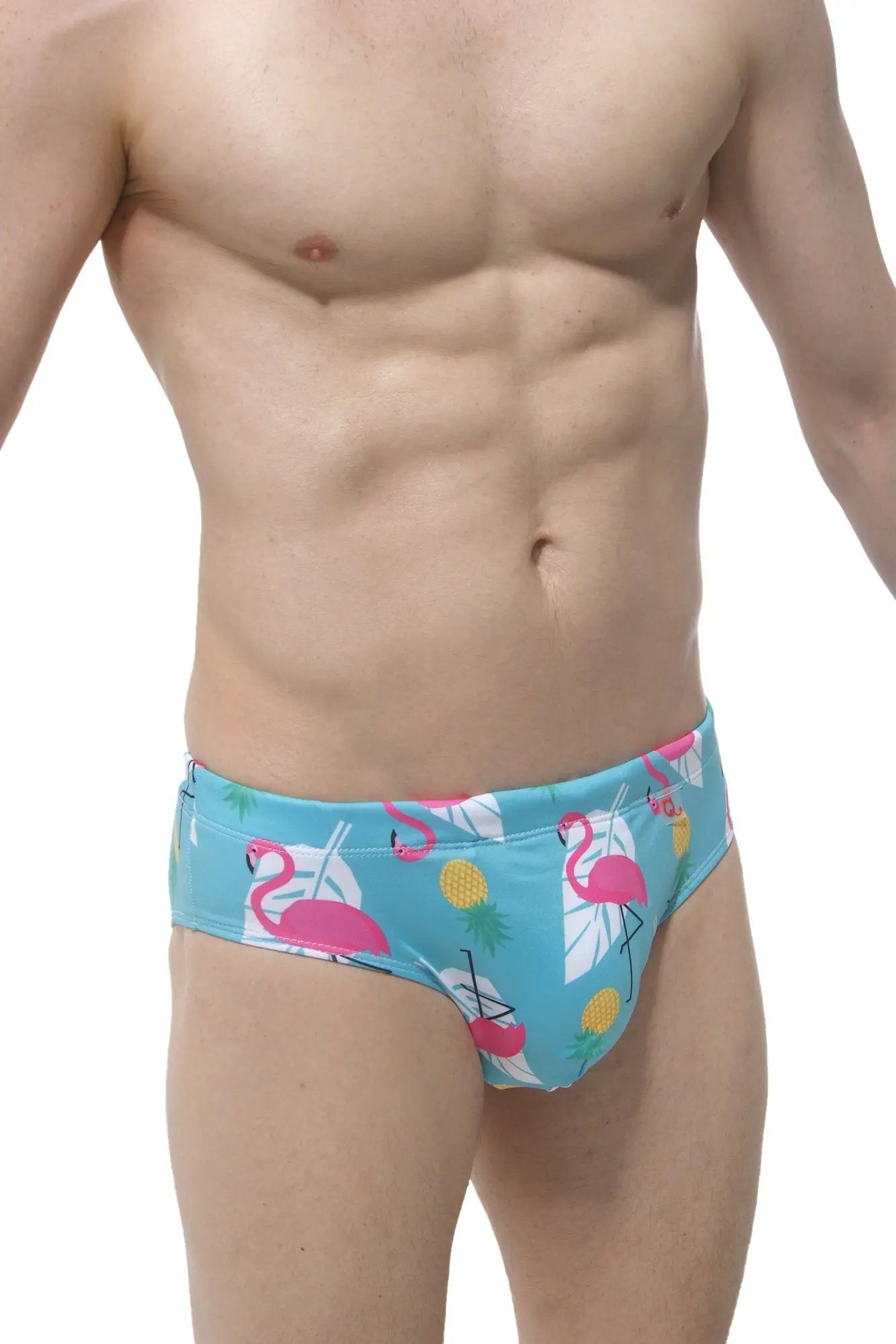 Bright turquoise swim brief pina colada with male cup pad featuring pink flamingos yellow pineapples and white leaves