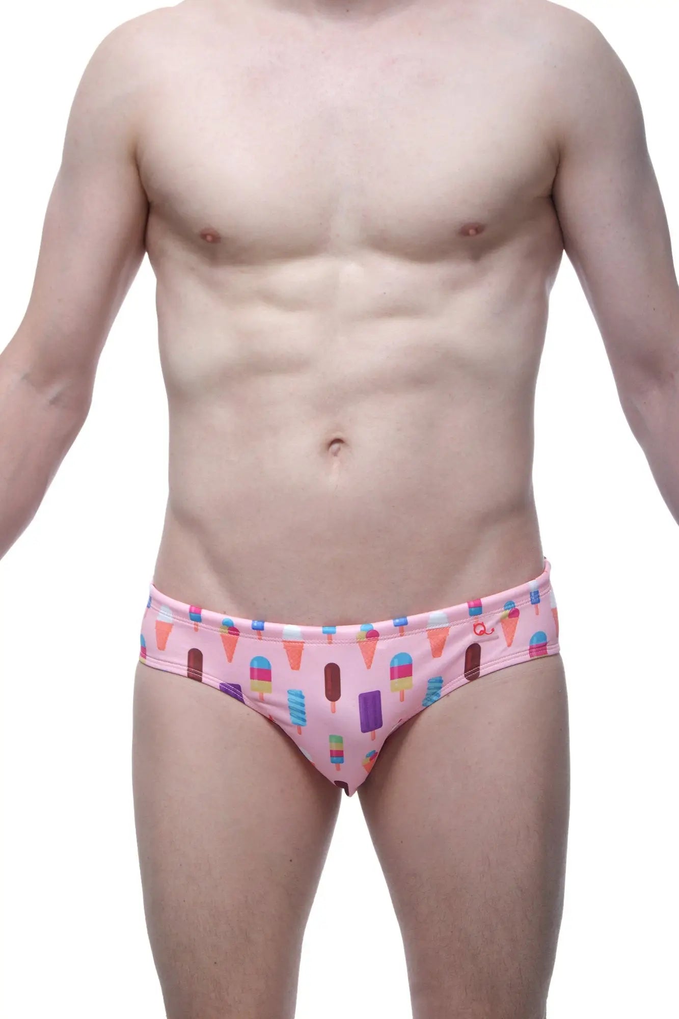 Pink swim brief popsicle featuring colorful ice cream and popsicle pattern ideal for beach and pool use