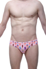 Pink swim brief popsicle featuring colorful ice cream and popsicle pattern ideal for beach and pool use
