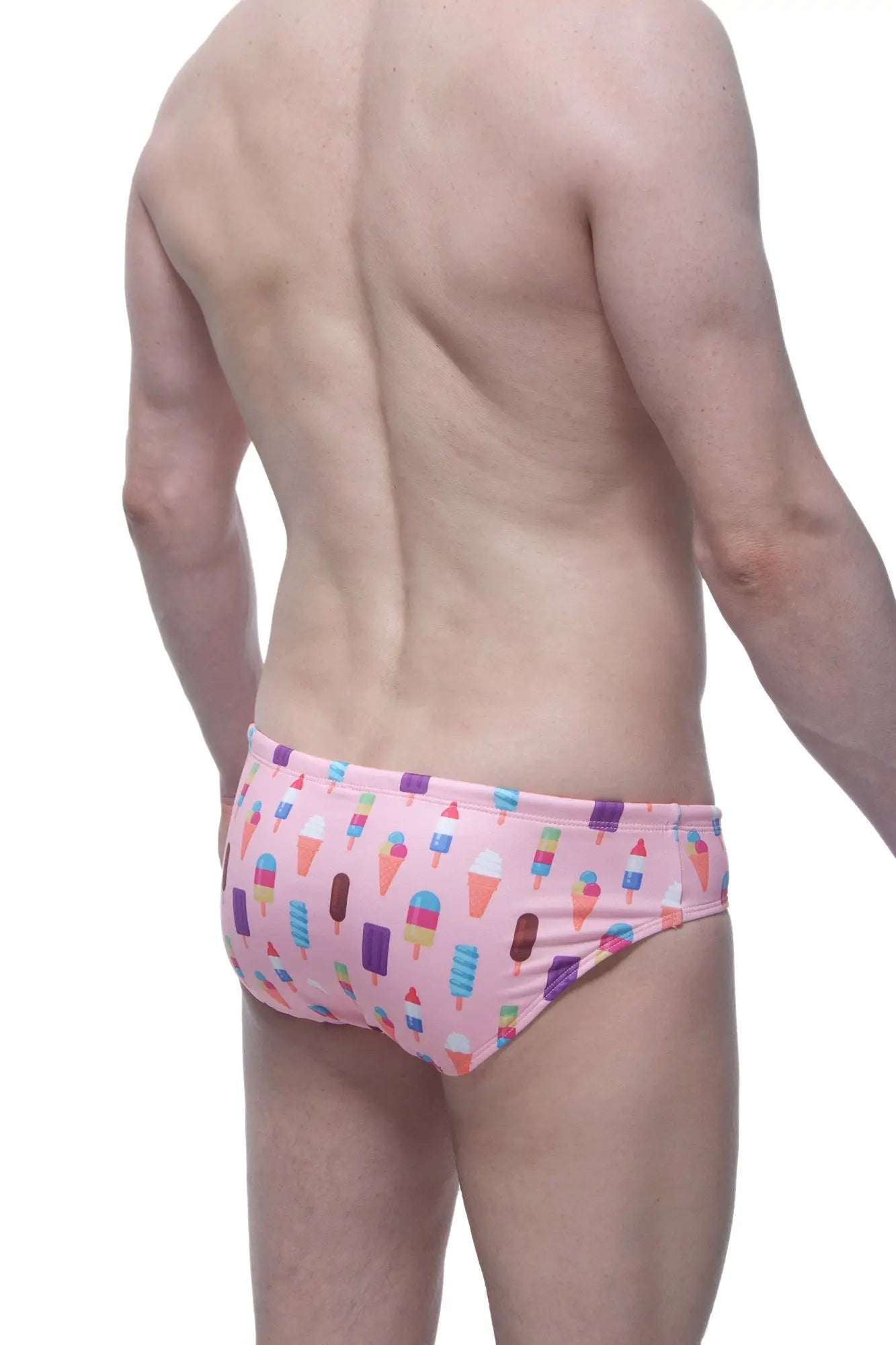 Pink swim brief popsicle featuring a playful pattern of colorful ice cream cones and popsicles for summer fun