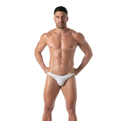 White swim chain brief in athletic style with a sleek minimalist design and subtle side fastenings for swimming