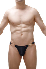 Black men’s swim thong conguel recycled black with gold-tone metal hardware and small red logo on the front