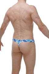Swim thong maeha blue and white tropical leaf-patterned nylon blend with thong style for beachwear