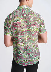 A lightweight cotton silk short-sleeved shirt with a vibrant green pink and white psychedelic swirling pattern