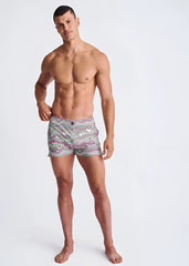 Men’s swirls print seersucker swim shorts with mesh lining in pastel pink purple green swirl pattern on light gray base