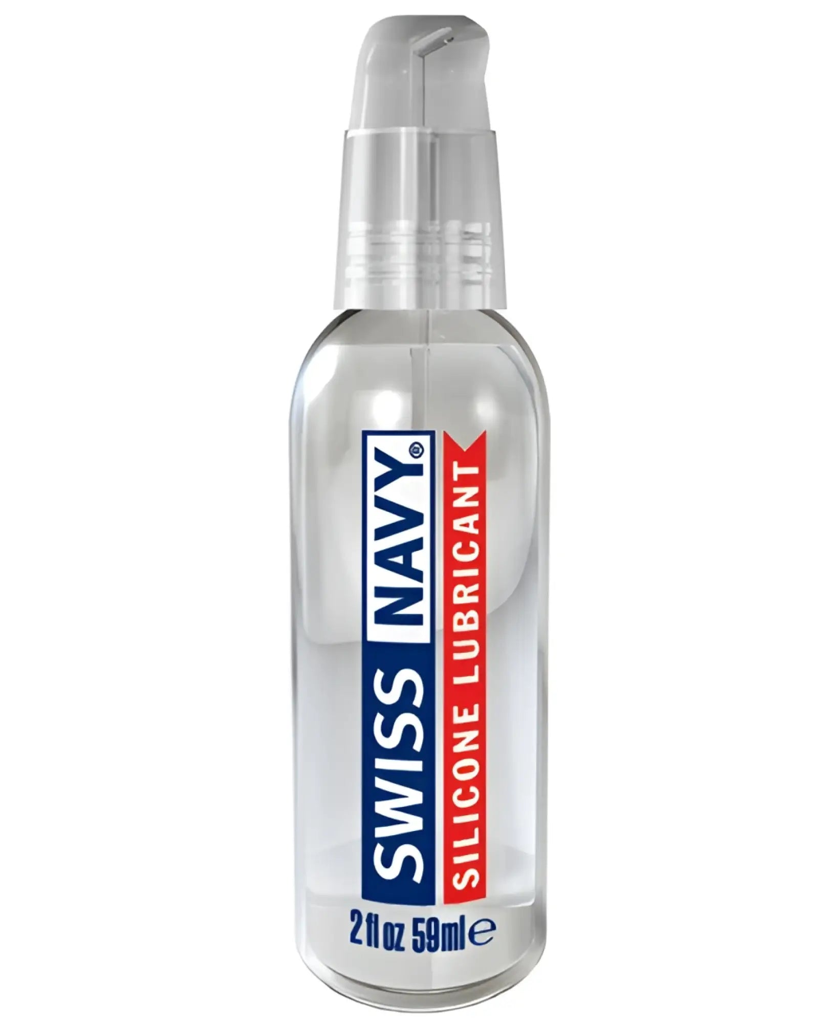 Clear glass bottle with silver pump dispenser labeled swiss navy silicone lubricant in blue and red text