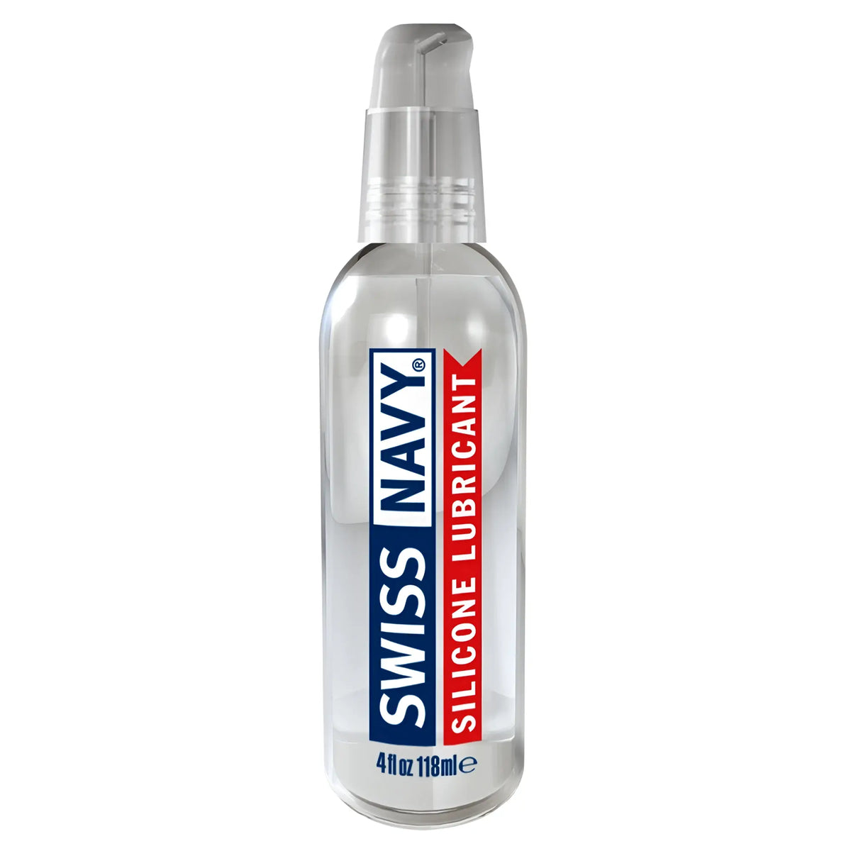Clear glass bottle with transparent pump dispenser labeled swiss navy silicone lubricant in blue and red text