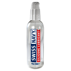 Clear glass bottle with transparent pump dispenser labeled swiss navy silicone lubricant in blue and red text
