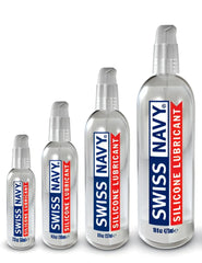 Clear glass bottles with silver spray nozzles and blue red labels of swiss navy silicone lubricant spray product