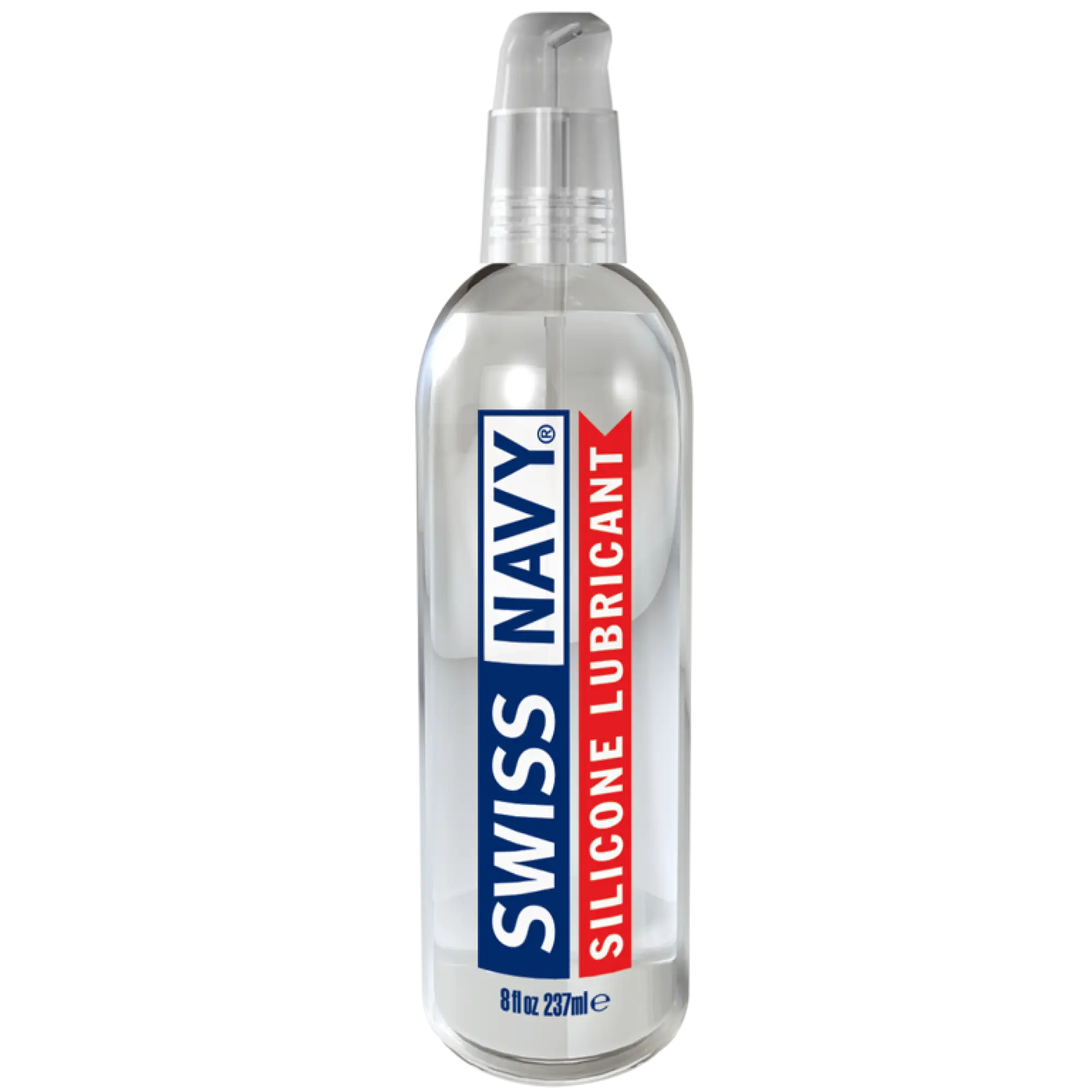 Clear plastic swiss navy silicone lubricant bottle with blue and red label and transparent pump dispenser